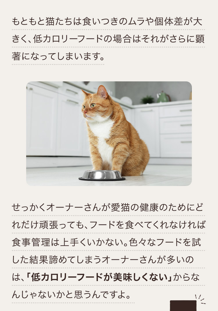 色々なフードを試した結果諦めてしまうオーナーさんが多いのは、「低カロリーフードが美味しくない」からなんじゃないかと思うんですよ。