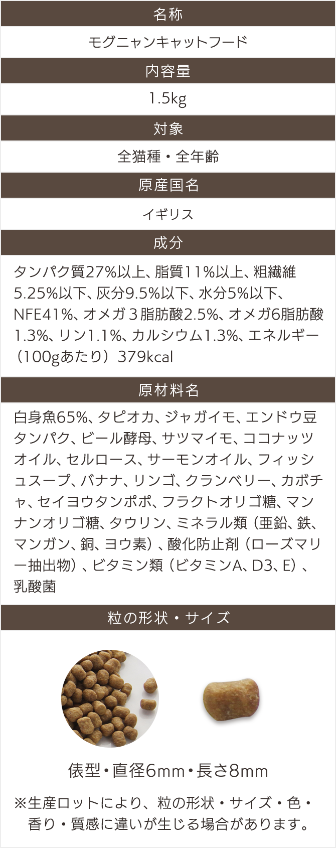 名称・内容量・対象・原産国名・成分・原材料名・粒の形状・サイズ